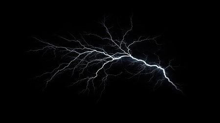 Striking image of a branching lightning bolt against a black background, capturing the vivid and powerful nature of electrical discharges.の素材