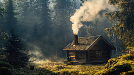 Small, cozy cabin in the woods with smoke coming out of the chimney.の素材
