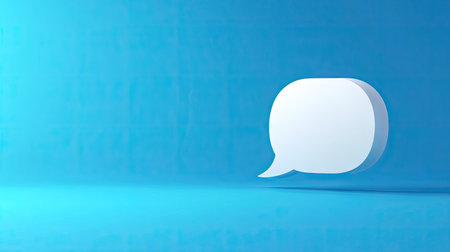 Stylish 3D white chat bubble on a solid blue background, perfect for enhancing communication themes, messaging apps, or social media graphics.の素材