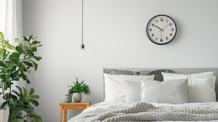 Stylish and cozy bedroom with a bed, soft pillows, minimalist bedside tables, and a unique clock as a focal point on the white wall. -の素材