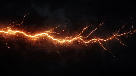 Striking image of a branching lightning bolt against a black background, capturing the vivid and powerful nature of electrical discharges.の素材