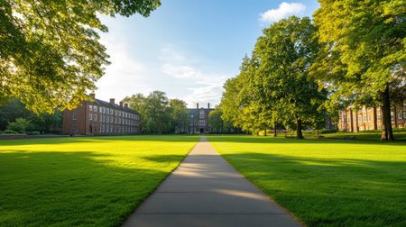 University campus with historic buildings and lush green lawns.の素材
