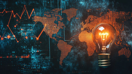 World map with an upward trendline and a light bulb, symbolizing the global rise in electricity prices and its economic implications.の素材