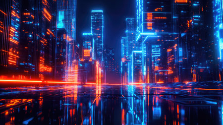 Urban architecture illuminated by neon lights with abstract digital effects, offering a panoramic view of a futuristic cityscape and technology.の素材