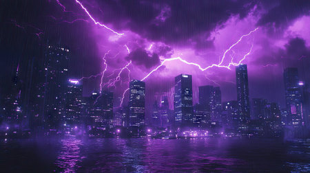 Vivid purple lightning bolts flashing across the city during a thunderstorm, casting a dramatic and surreal glow over the urban environment.の素材