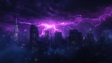Vivid purple lightning bolts flashing across the city during a thunderstorm, casting a dramatic and surreal glow over the urban environment.の素材