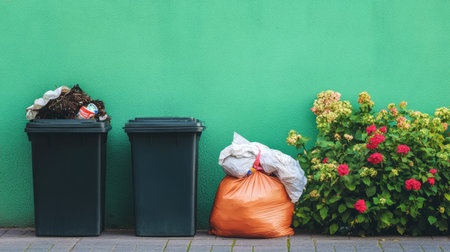 A compost bin and a general waste container placed neatly near a full trash bag, with a bright green wall behind.の素材