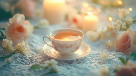 A delicate teacup on a lace tablecloth surrounded by soft candlelight and fresh flowers, creating an elegant, peaceful setting.の素材