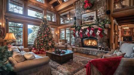 A cozy and festive living room with a roaring fireplace, adorned with Christmas decorations, stockings, and a beautiful Christmas tree.の素材