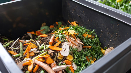 A compost bin placed in a modern kitchen, filled with organic trash like carrot peelings, orange rinds, and herb stems.の素材