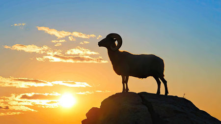 A Dall sheep ram silhouetted against the setting sun, standing on a rock with the sky transitioning from blue to golden hues.の素材