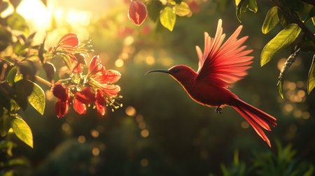 A crimson sunbird hovering near a tropical flower, its metallic red plumage shimmering under direct sunlight.の素材