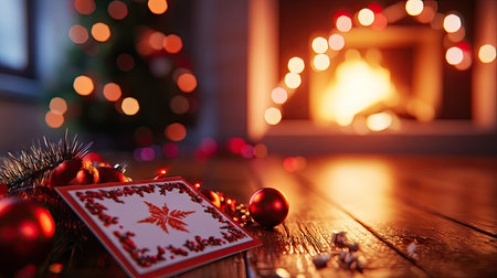 A cozy holiday scene with a Christmas card and decorations on the floor by the fireplace, with selective focus capturing the warmth and charm of the season.の素材