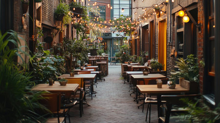 A cozy cafe terrace with rustic tables, twinkling fairy lights, and lush plants, set against a charming European street with historic buildings.の素材