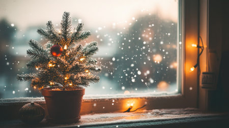 A cozy Christmas corner with a small tree decorated with lights, snowflakes gently falling in the background, evoking a warm holiday spirit.の素材