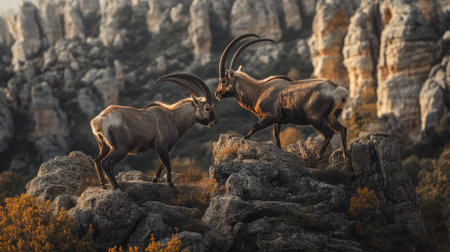 A dramatic battle between two male Iberian ibexes, their horns clashing in the rugged beauty of El Torcal, Antequera, with rocky spires surrounding them.の素材