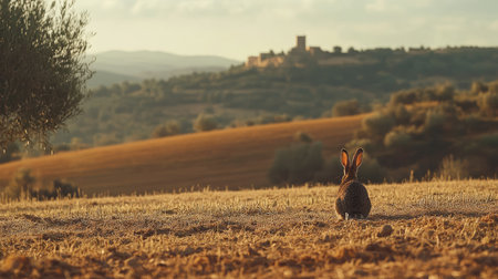 A European rabbit captured in profile, sitting quietly in a field with the rolling hills of the Spanish landscape behind.の素材