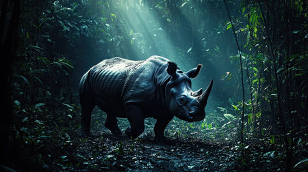 A critically endangered Javan rhinoceros moving through the dense Indonesian jungle, its thick skin and distinctive horn creating a dramatic silhouette.の素材