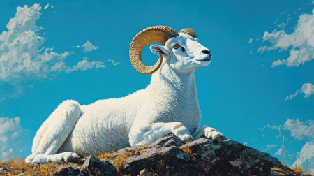 A Dall sheep ram resting on a rocky plateau, its horns curving gracefully against a backdrop of endless blue sky.の素材