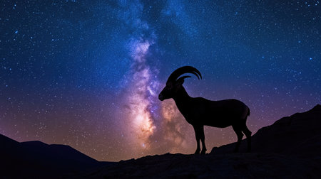 A dramatic view of a Nubian ibex silhouetted against the Milky Way in a clear desert night sky.の素材