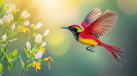 A crimson sunbird hovering near a tropical flower, its metallic red plumage shimmering under direct sunlight.の素材