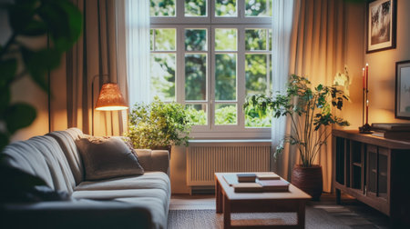 A cozy living room with soft lighting, vintage furniture, and a window view of a tranquil garden, creating a charming and welcoming ambiance.の素材