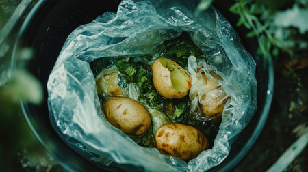 A detailed shot of a biodegradable bag inside a trash can, filled with organic waste like potato skins and avocado pits.の素材