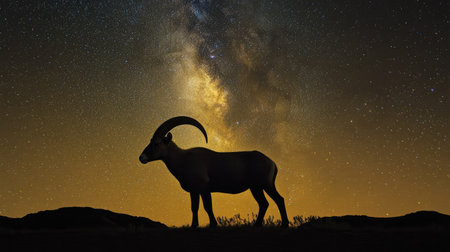 A dramatic view of a Nubian ibex silhouetted against the Milky Way in a clear desert night sky.の素材