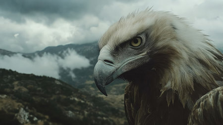 A detailed view of a Griffon vulture's face, its hooked beak and ruffled feathers standing out in the rugged terrain of Gredos.の素材