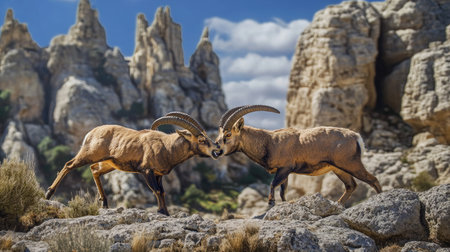A dramatic battle between two male Iberian ibexes, their horns clashing in the rugged beauty of El Torcal, Antequera, with rocky spires surrounding them.の素材