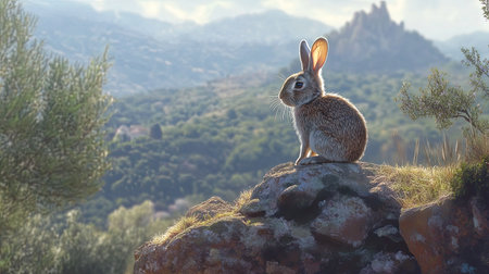 A European rabbit perched on a small rock outcrop, surveying its surroundings in the rugged Spanish landscape.の素材