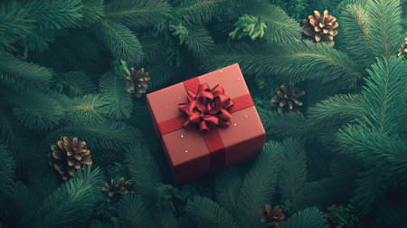 A festive background with a gift box placed by a lush pine tree, representing the joy and excitement of Christmas and holiday celebrations.の素材