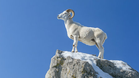 A Dall sheep ram standing proudly on a snow-dusted rock, the crisp blue sky framing its impressive profile.の素材