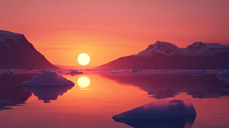 A dreamy sunset over Jkulsrln Glacier Lagoon, with warm hues reflecting on the still waters and icebergs drifting peacefully.の素材