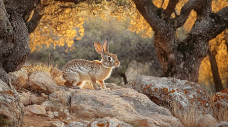 A European rabbit cautiously exploring a dry, rocky terrain with a backdrop of Spanish cork oak trees.の素材