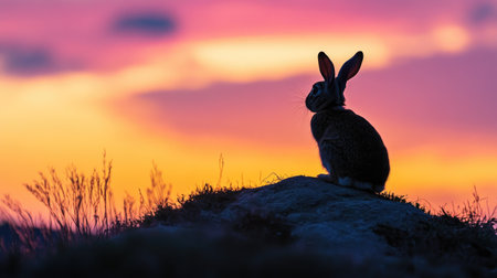 A European rabbit silhouetted against a vibrant Spanish sunset, sitting atop a small hill in the countryside.の素材