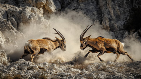 A dramatic moment as two male ibexes charge towards each other in El Torcal, Antequera, with dust swirling around the rocky terrain.の素材