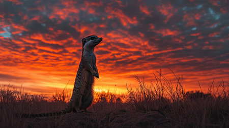 A dramatic capture of a common mongoose standing tall on its hind legs, surveying the area under a vibrant sky.の素材