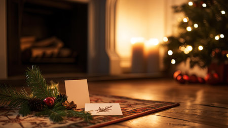 A festive Christmas card and seasonal decorations on the floor by a cozy fireplace, with soft selective focus creating a warm, inviting holiday atmosphere.の素材