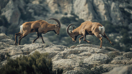 A dynamic shot of two male ibexes fighting fiercely in the craggy landscape of El Torcal, Antequera, with their powerful bodies and horns visible.の素材