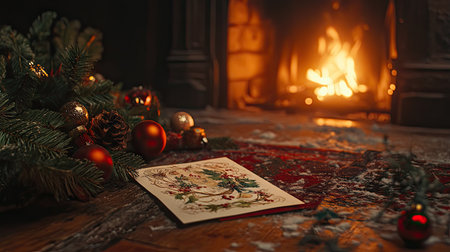 A festive Christmas scene with a card and seasonal decorations on the floor next to a glowing fireplace, selective focus on the card's beautiful design.の素材