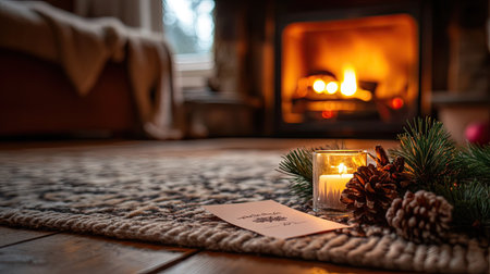 A festive Christmas card and seasonal decorations on the floor by a cozy fireplace, with soft selective focus creating a warm, inviting holiday atmosphere.の素材