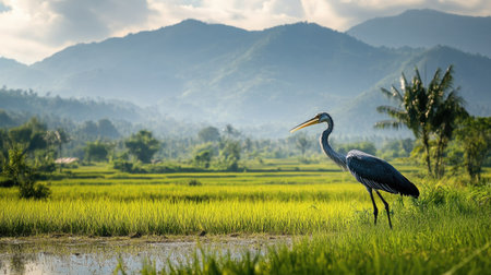 A greater adjutant walking through a rural landscape in Southeast Asia, surrounded by rice paddies and distant mountains.の素材