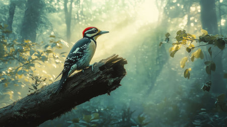 A Great Spotted Woodpecker perched on a dead tree limb, with a background of dense woodland bathed in soft sunlight.の素材