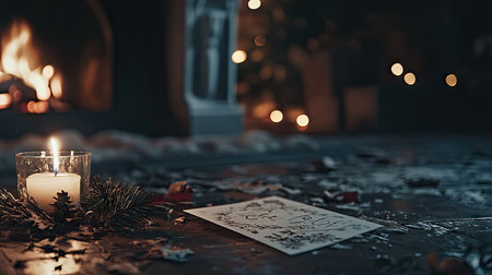 A festive Christmas card and seasonal decorations on the floor by a cozy fireplace, with soft selective focus creating a warm, inviting holiday atmosphere.の素材