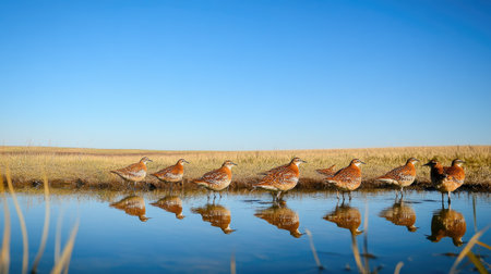 A flock of Northern Bobwhites drinking from a shallow pond in the Texas grasslands, with the clear blue sky stretching overhead.の素材