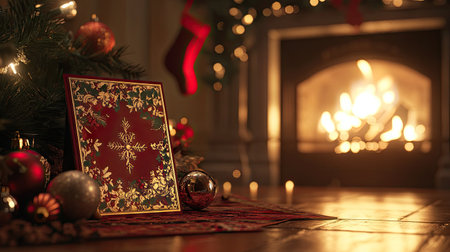 A festive Christmas scene with a card and seasonal decorations on the floor next to a glowing fireplace, selective focus on the card's beautiful design.の素材