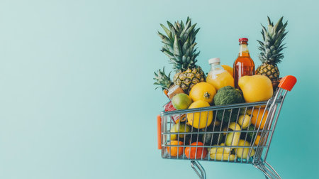 A fully loaded shopping cart with fresh fruits, vegetables, and bottled drinks, isolated on a light blue background.の素材