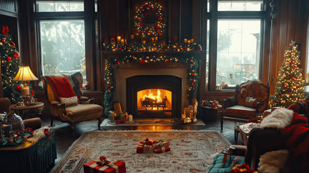 A festive living room interior with a warm fireplace, surrounded by holiday decorations and Christmas accents, creating a joyful atmosphere.の素材