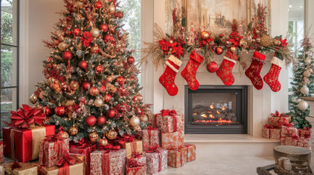 A festive Christmas tree with red and gold decorations, gifts wrapped in matching colors, and a cozy fireplace with stockings hanging, creating a traditional holiday scene.の素材